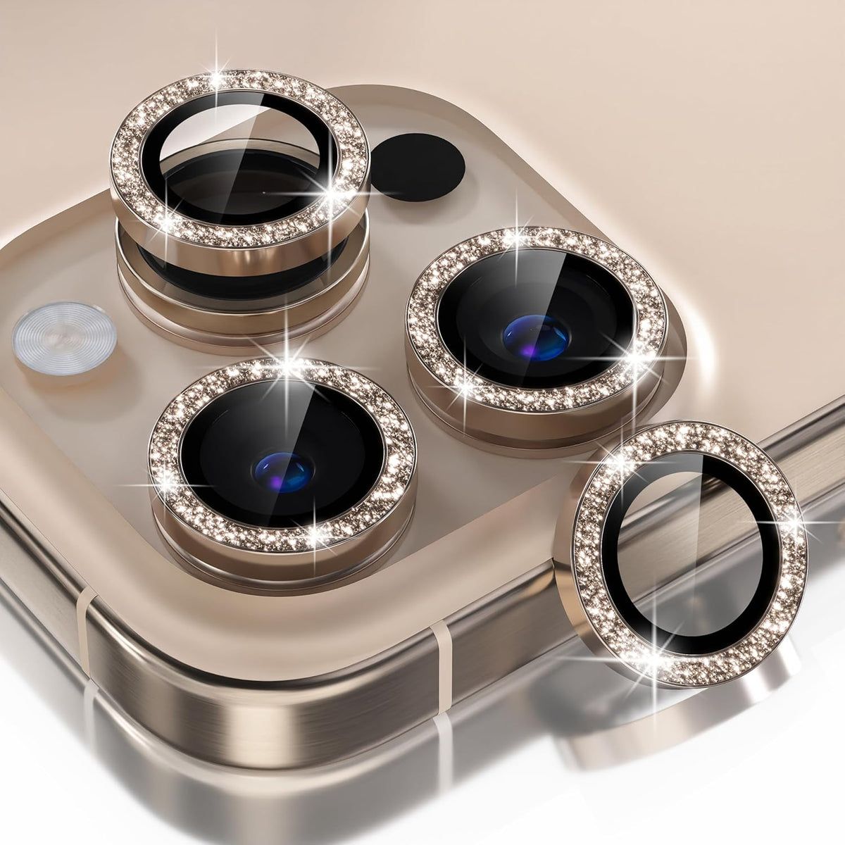 Choiche Compatible for iPhone 16 Pro/iPhone 16 Pro Max Camera Lens Protector Bling, 9H Tempered Glass Camera Cover Screen Protector Metal Ring Decoration Accessories(Glitter-Titanium Desert)