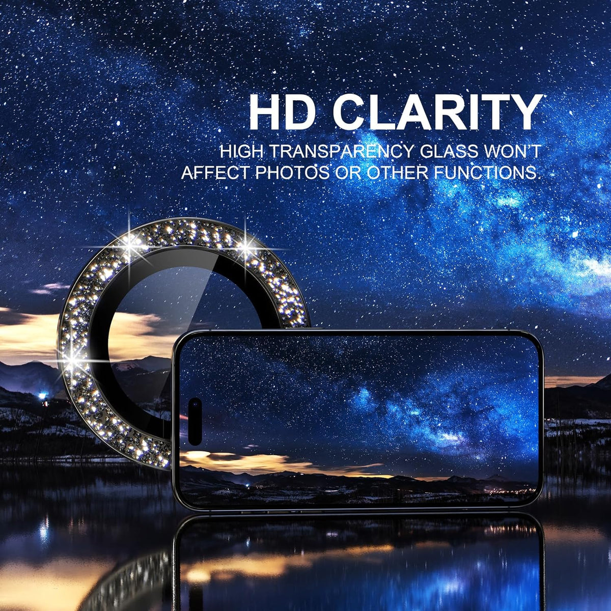 Choiche Compatible for iPhone 15 Pro/iPhone 15 Pro Max Camera Lens Protector Bling, 9H Tempered Glass Camera Cover Screen Protector Metal Ring Decoration Accessories (Glitter-Black)