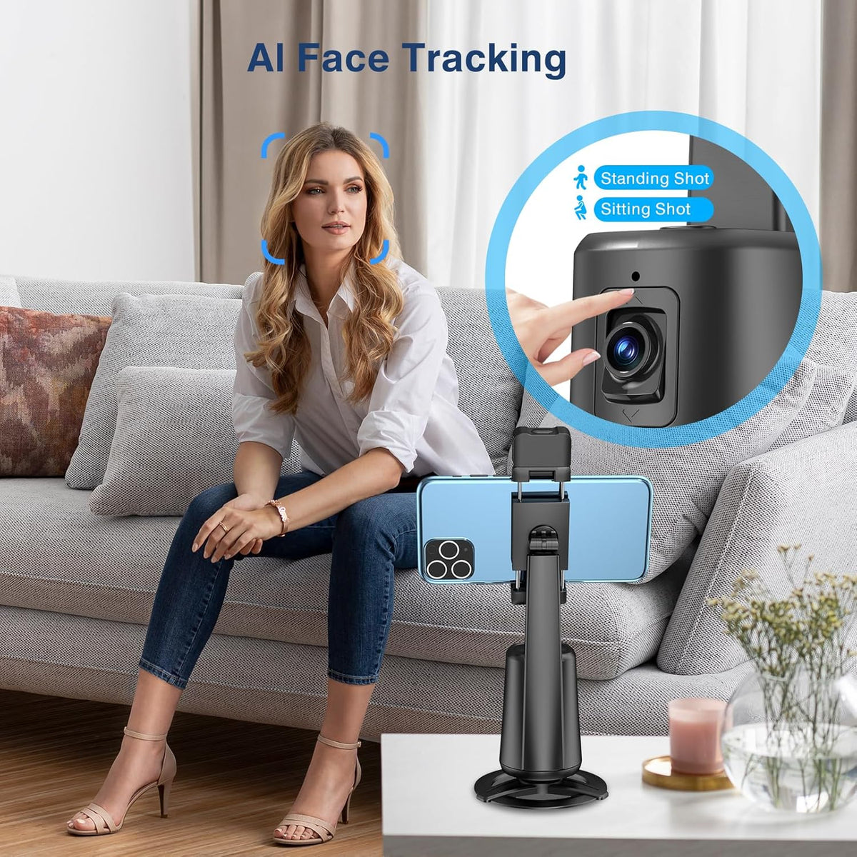 Auto Face Tracking Tripod 360° Rotating Cell Phone Photo and Video Kits Stand, No App, Camera Stand with Remote and Gesture Control, Rechargeable Smart Shooting Stand for Live Recording Tiktok（Black）