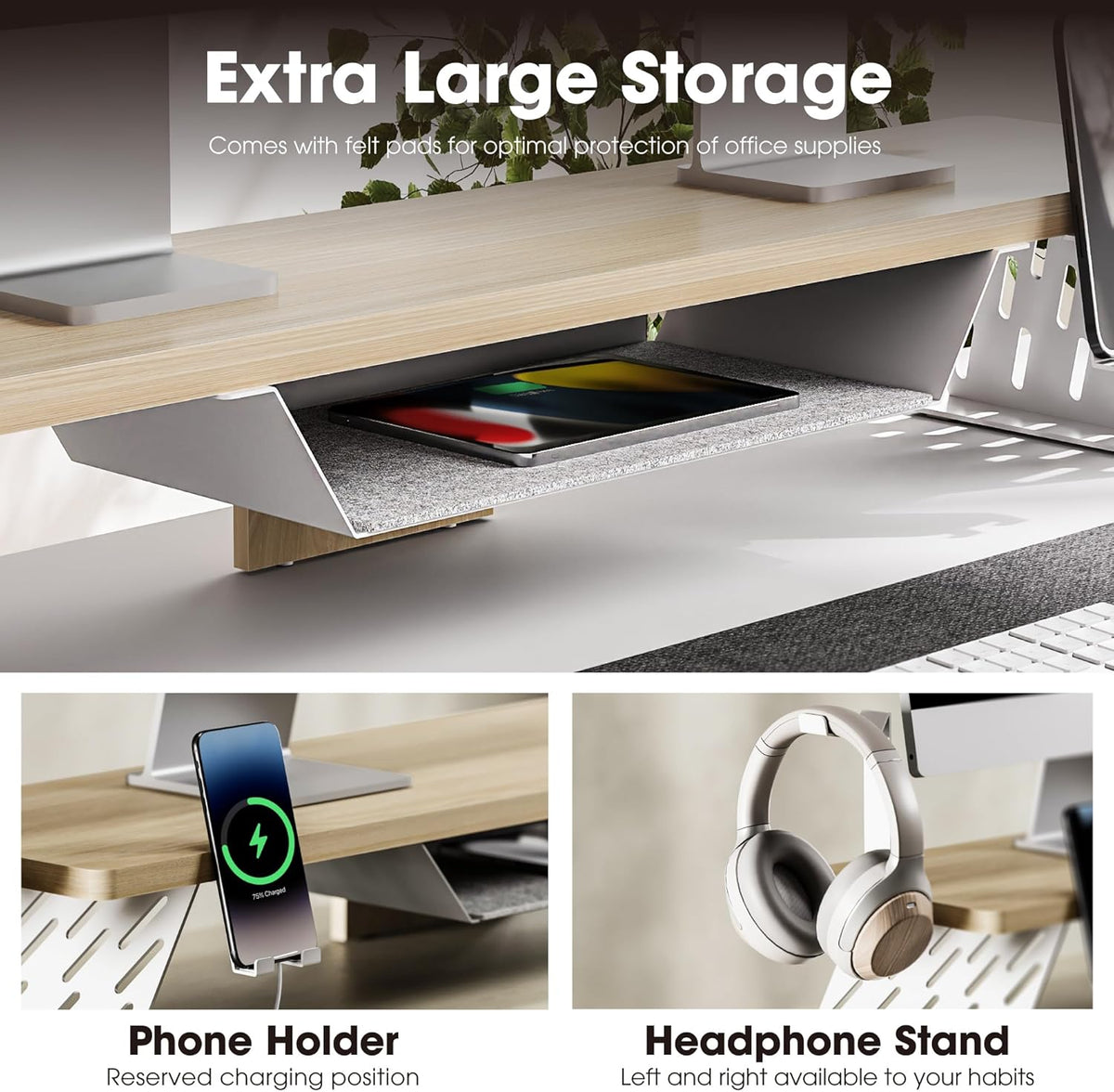 Fenge Dual Monitor Stand, 42.5 Inch Monitor Riser for Desk, Wood Desk Shelf for 2 Monitors, 2 Tier Monitor Shelf with Headphone Stand & Phone Holder