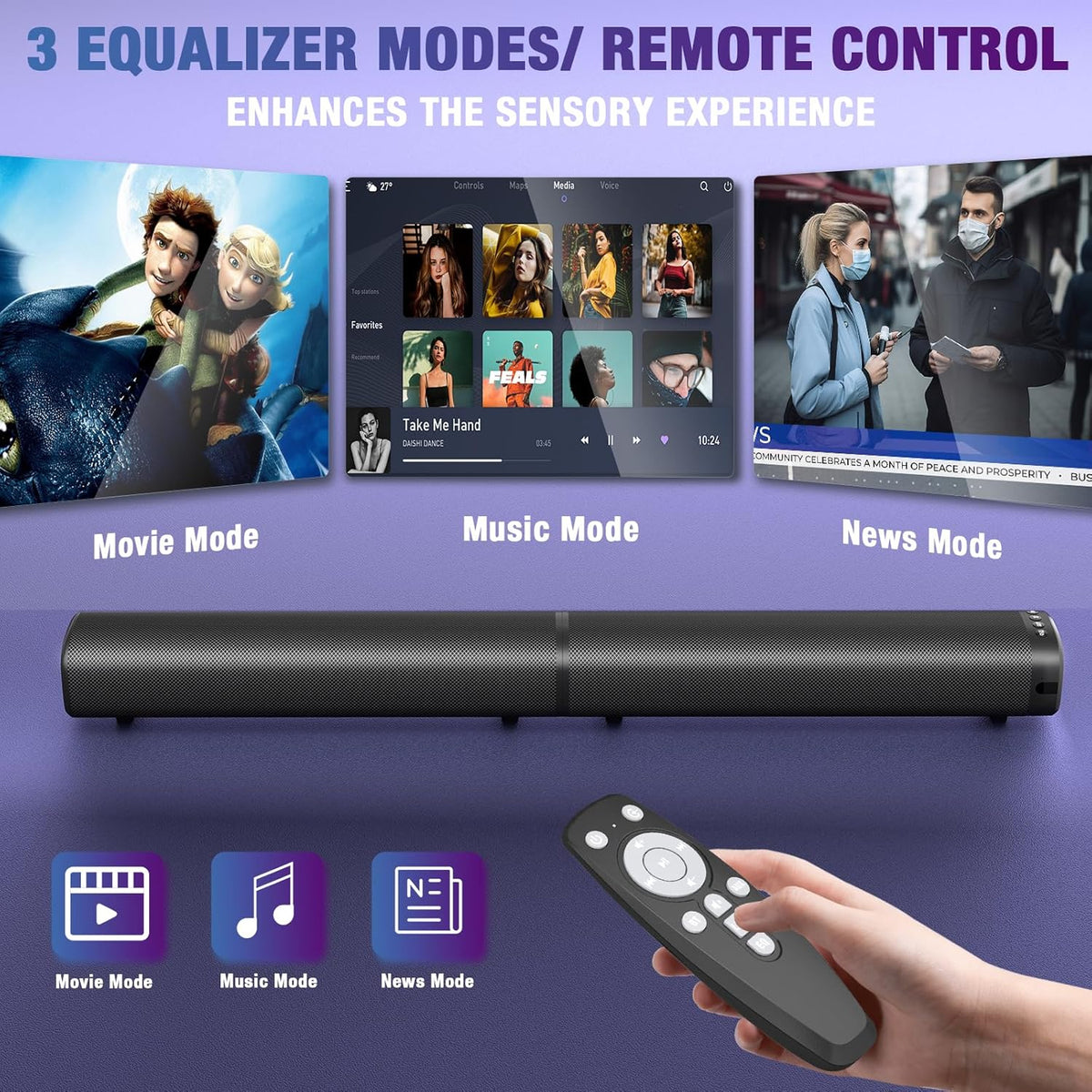 Sound Bar, 100W Sound Bar for Smart TV, Bluetooth 5.3 Soundbar, 2 in 1 Detachable Home Speaker Bass Effect, Home Theater Surround Sound, ARC/Optical/AUX/USB Connections, for TV/PC/Projectors