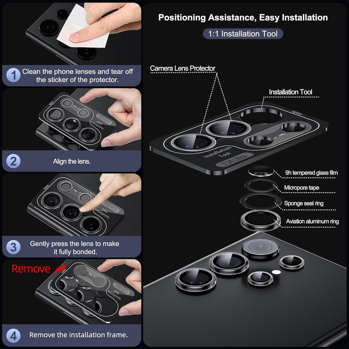 WSKEN for Samsung Galaxy S24 Ultra Camera Lens Protector, Ultra Thin Scratch Resistant 9H Tempered Glass with Aluminum Metal Circle Camera Screen Protector Cover Accessories, Clear