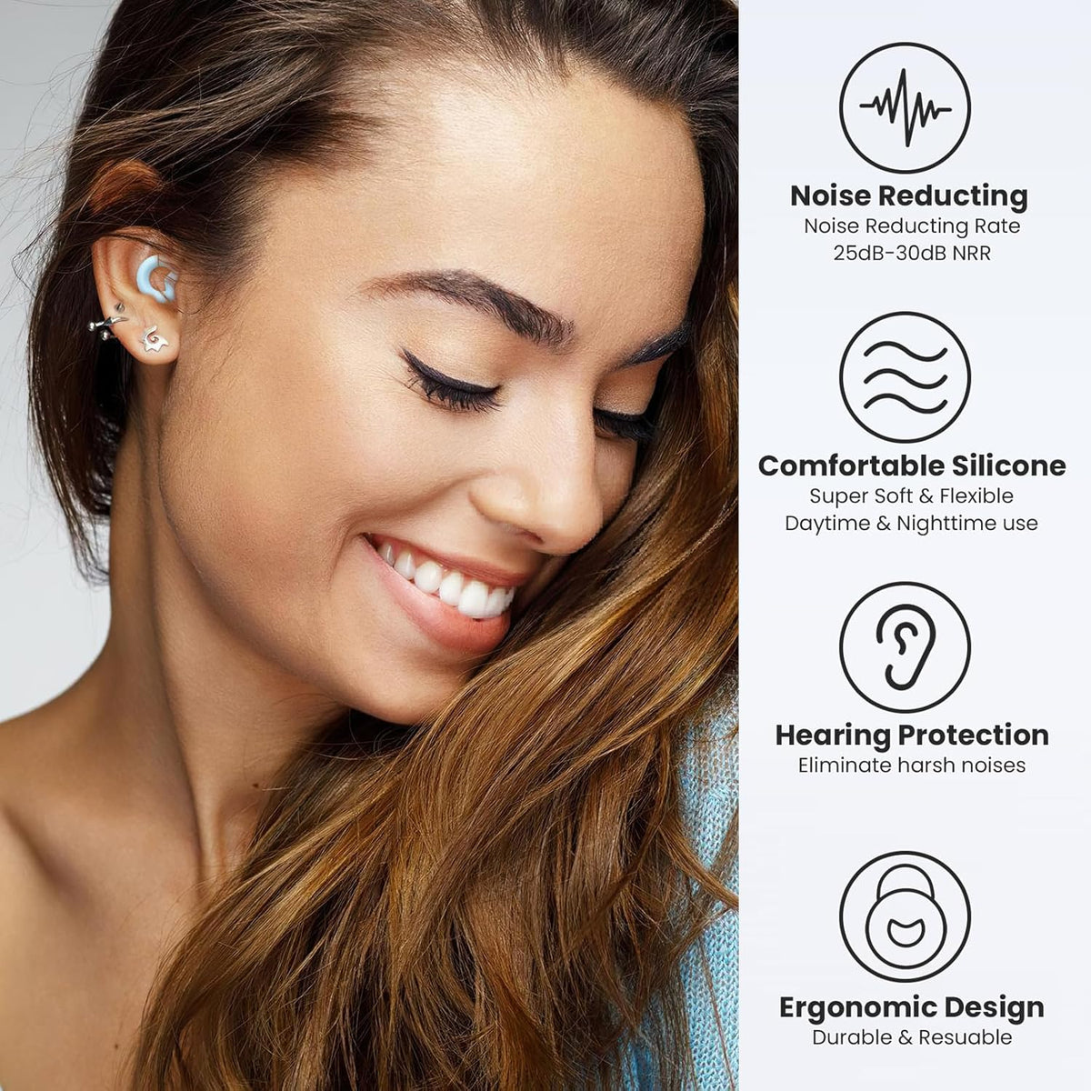 Soft Silicone Earplugs for Sleeping & Noise Reduction - 7 Pairs Ear Tips & One Connection Cord - Reusable Hearing Protection for Concert, Work & Sound Reduction 25dB-30db