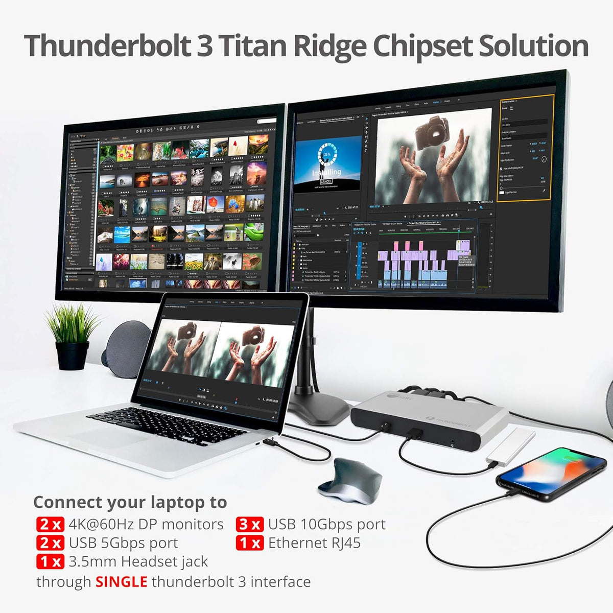 SIIG Thunderbolt 3 or USB C Dual 4K Display Docking Station with 60W PD- Titan Ridge (2X DP 1.2, 1x USB-A/2x USB-C 10Gbps, 2X USB-A 5Gbps, Ethernet) for Windows&Mac M1/M2/M3 Pro/Max (JU-DK0C11-S1)