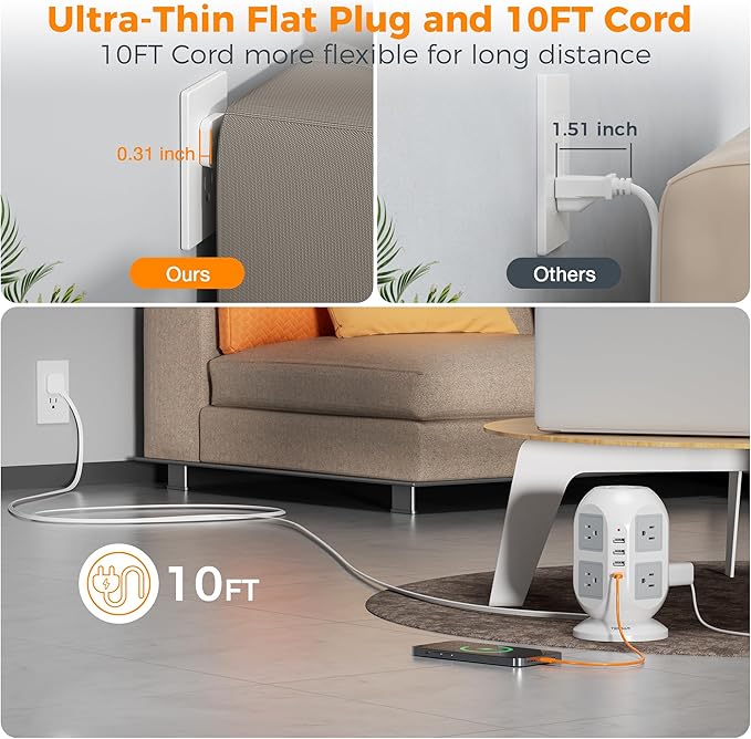 TESSAN Tower Power Strip 10 ft, Long Flat Extension Cord，Multiple Outlets
