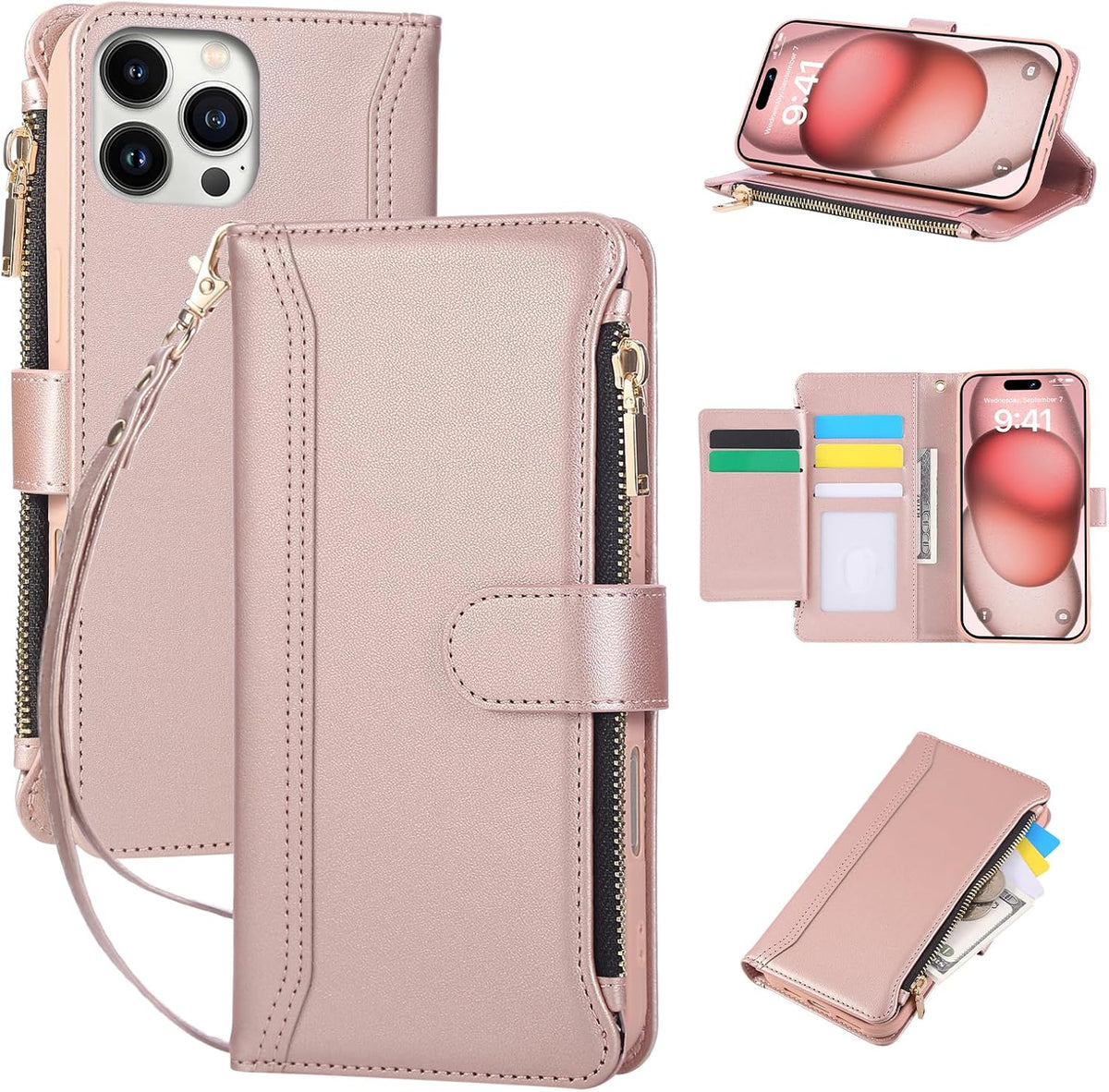 Compatible with iPhone 16 Pro Wallet Phone Case-PU Leather Magnetic Flip Cover with Credit Card Slots,Zipper Pocket & Detachable Wrist Strap,Shockproof Design,for Women and Men-Pink