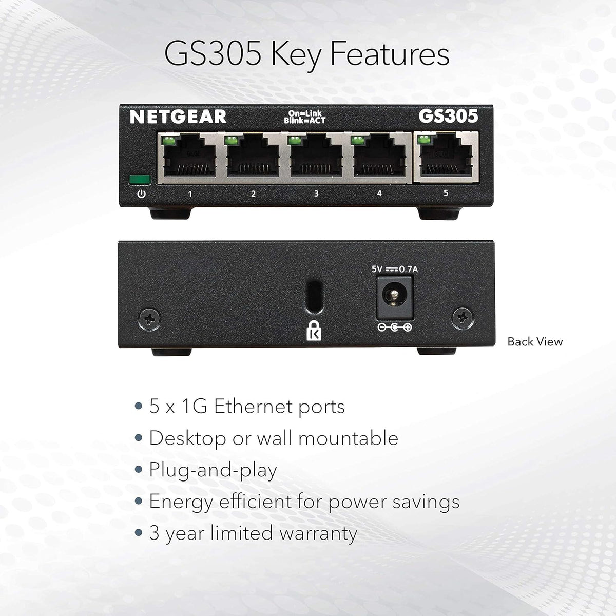 NETGEAR 5-Port Gigabit Ethernet Unmanaged Essentials Switch (GS305) - Home Network Hub, Office Ethernet Splitter, Plug-and-Play, Silent Operation, Desktop or Wall Mount