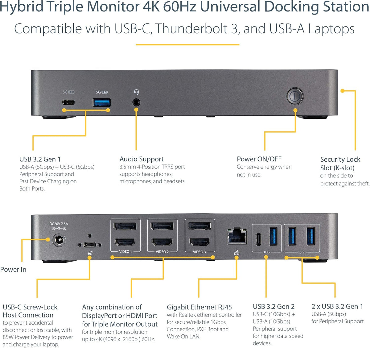 StarTech.com USB-C / USB-A Hybrid Docking Station for MacBook Pro / Air M1 M2 M3 M4 & Windows, Universal Triple 4K 60Hz HDMI DP Dock, Thunderbolt Compatible, 85W Laptop Charging - TAA