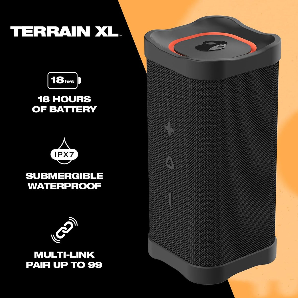 Skullcandy Terrain XL Wireless Bluetooth Speaker - IPX7 Waterproof Portable Speaker, 18 Hour Battery, Nylon Wrist Wrap, True Wireless Stereo (Black)