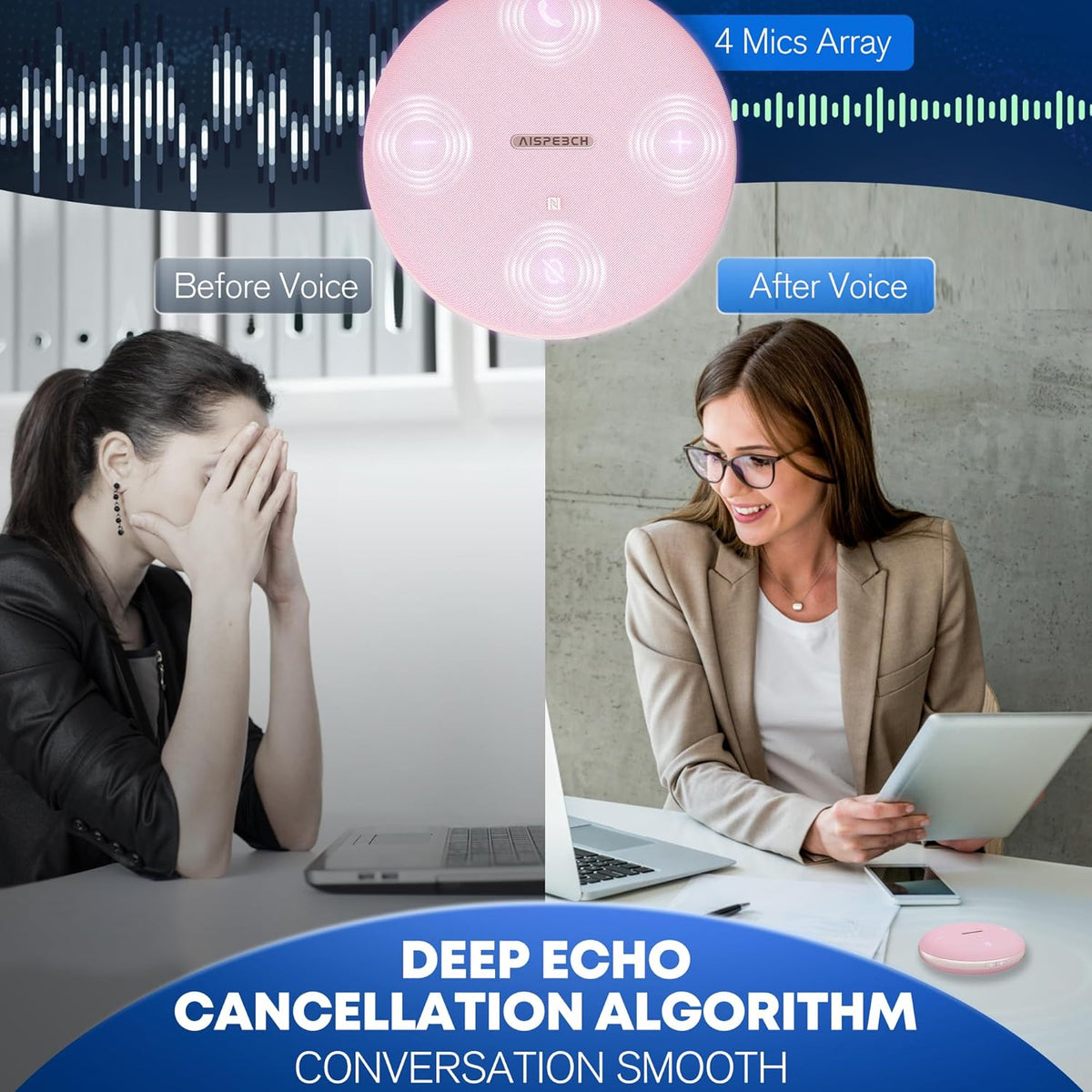 M4 Bluetooth Speakerphone Conference Speaker and Microphone with AI Noise Reduction GPT Transcription Speakers for Computer Desktop 360° Voice Pickup at Home Office for Teams/Zoom, Pink