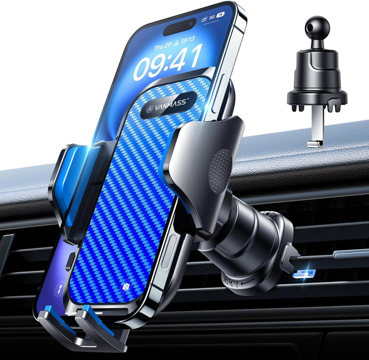 VANMASS Car Phone Holder Mount 2025 Upgraded [Patent Steel-Hook] Car Vent Phone Mount Clip Military-Grade Shockproof Cell Phone Car Mount Handsfree Truck Stand Vent Cradle for iPhone 16 Android,Blue