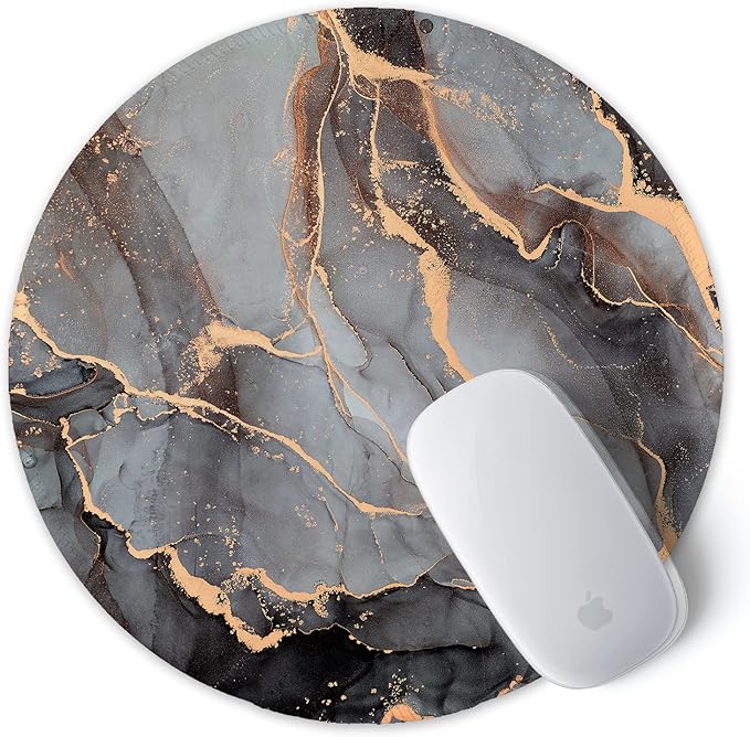 ITNRSIIET Round Mouse Pad with Stitched Edge Premium-Textured Waterproof Non-Slip Rubber Base Desktop Protection Mat Diameter 8.7 inches, Black Grey Marble