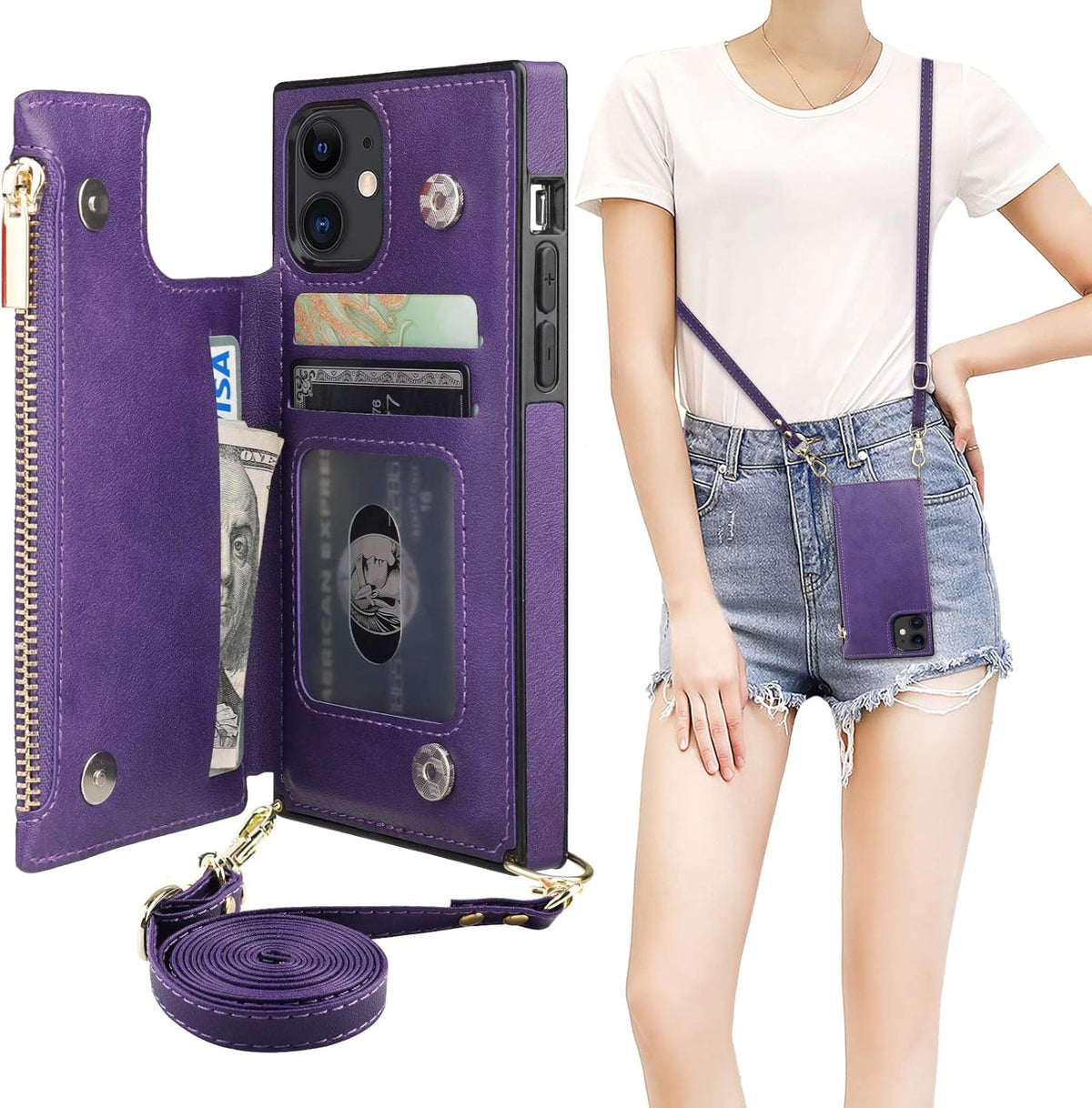 Bocasal Crossbody Wallet Case for iPhone 11 with Card Holder,Zipper Card Slot Protector Shockproof Purse Cover with Removable Cross Body Strap 6.1 Inch(Purple)
