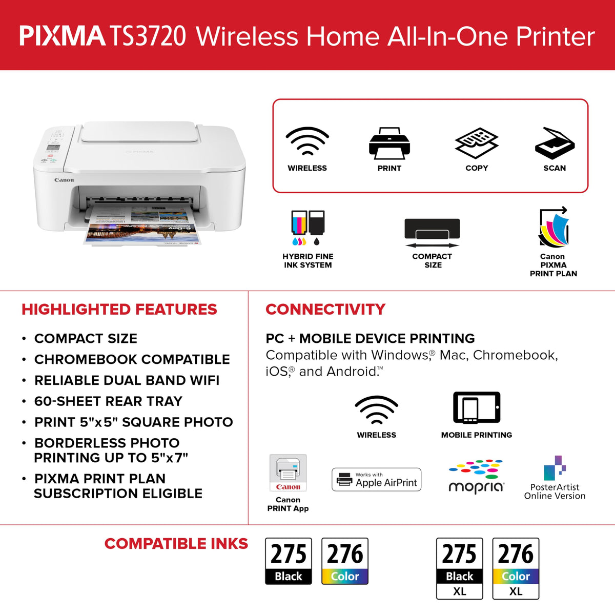 Canon PIXMA TS3720 Wireless All-in-One Printer for Basic Home Printing, White