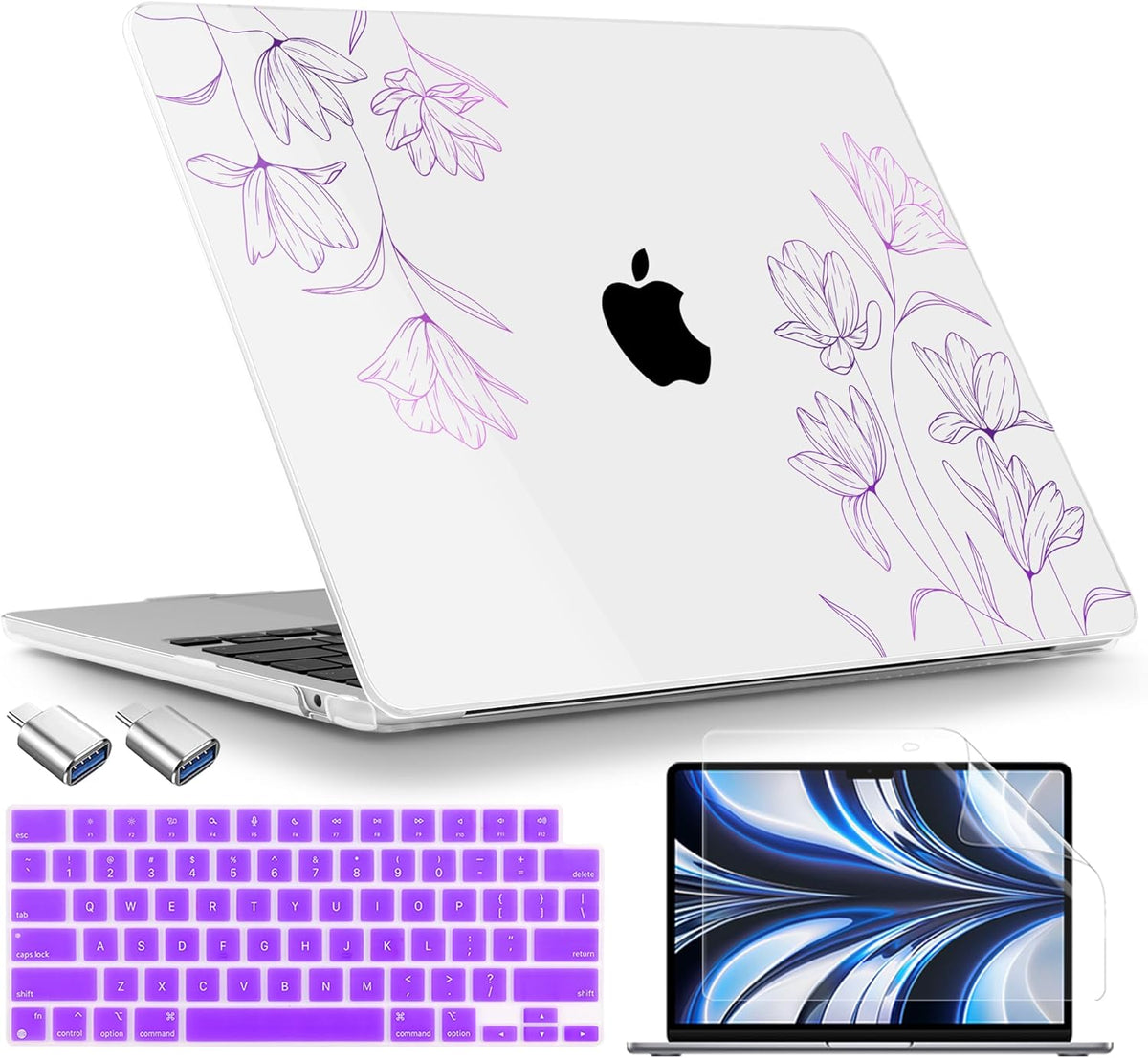 TWOLSKOO Compatible with M4 MacBook Air 13.6 inch Case 2025-2022 Release M4 A3240 M3 A3113 M2 A2681, Plastic Hard Shell & Keyboard Cover & Type C Adapter & Screen Protector, Engraved Floral2