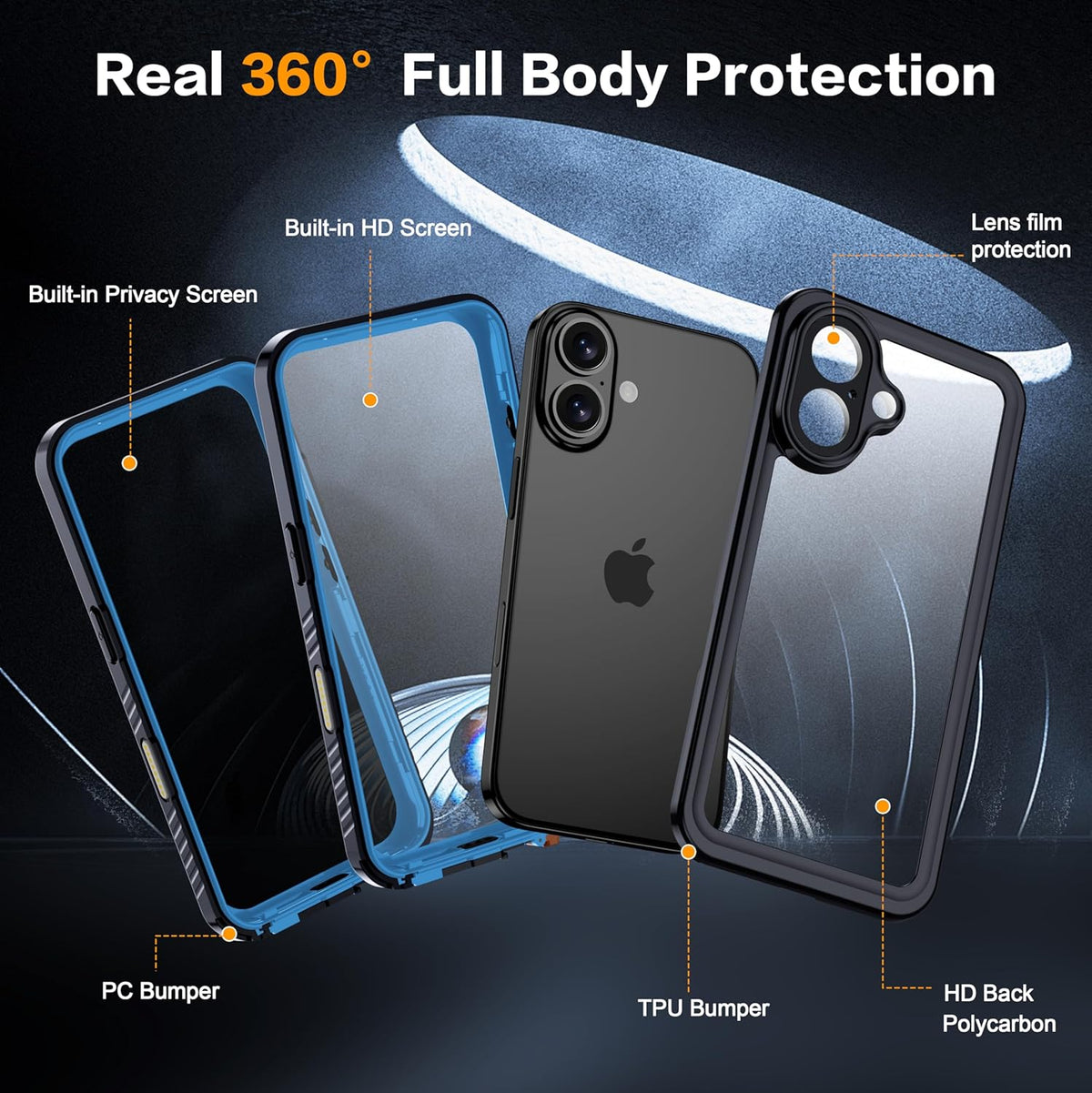 for iPhone 16 Case Waterproof, Built-in Privacy Screen & HD Screen Double Front Frame [IP68 Underwater] Shockproof Dustproof Full Body Protection iPhone 16 Phone Case Blue