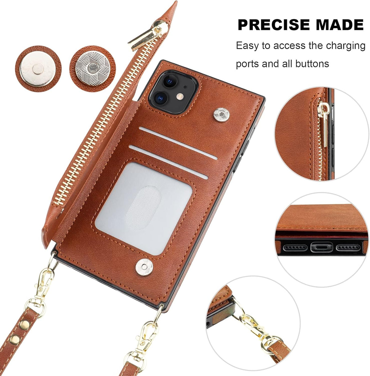 Bocasal Crossbody Wallet Case for iPhone 11 with Card Holder,Zipper Card Slot Protector Shockproof Purse Cover with Removable Cross Body Strap 6.1 Inch(Brown)