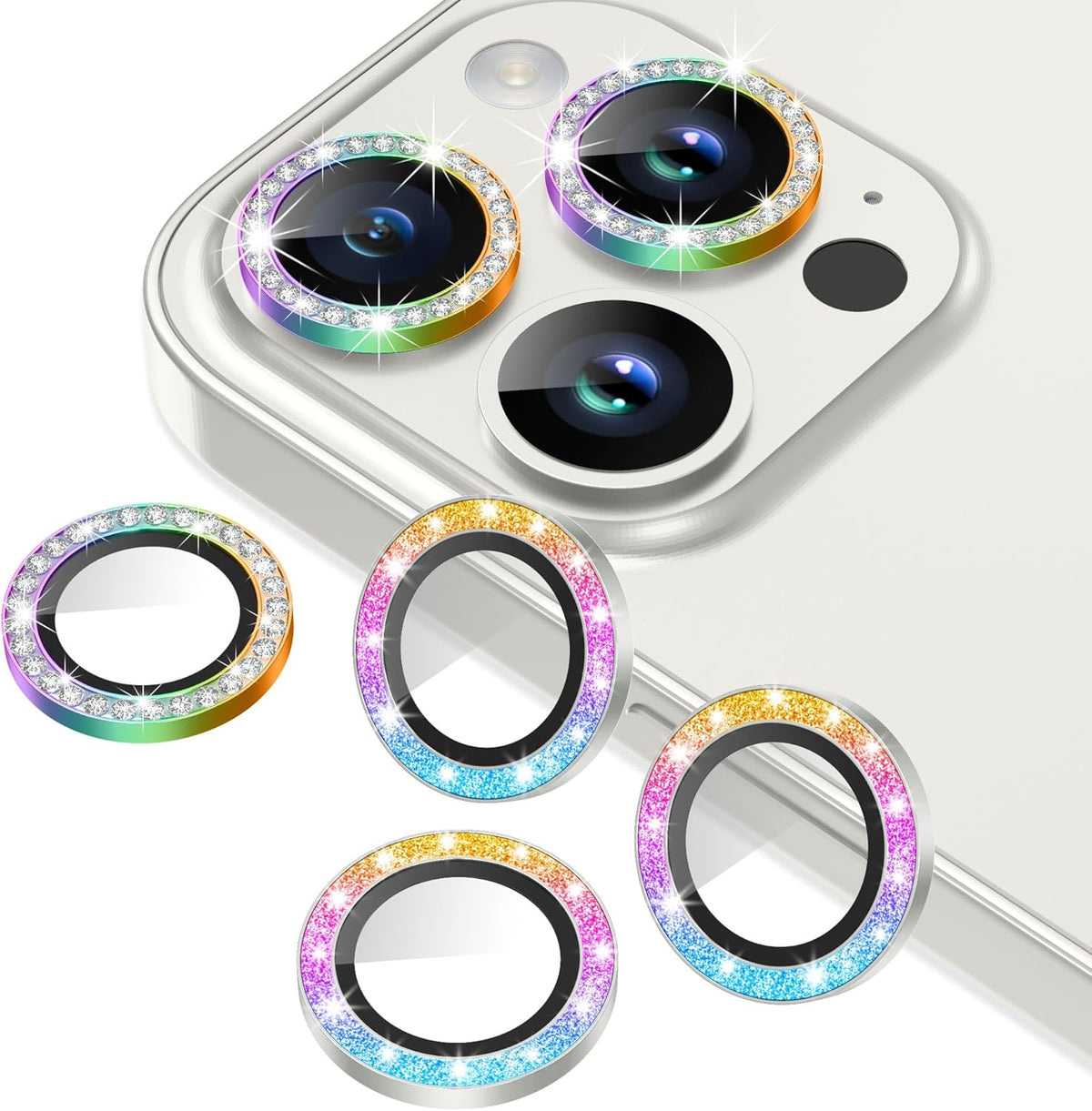AGVEE 3+3 6 Pack for iPhone 15 Pro 6.1" / 15 Pro Max 6.7" Camera Lens Protector, Bling Diamond & Bling Glitter Metal Ring 9H Tempered HD Glass Camera Protector Cover Film, Bling-Colorful