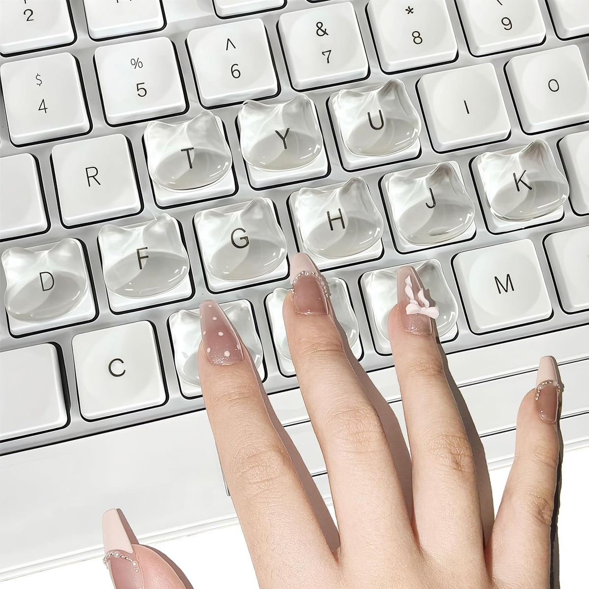 80 Transparent Glass Long Nail Keyboard Caps Raised Cat Head Keyboard Stickers, Nail-Safe Typing Bubbles, Clear