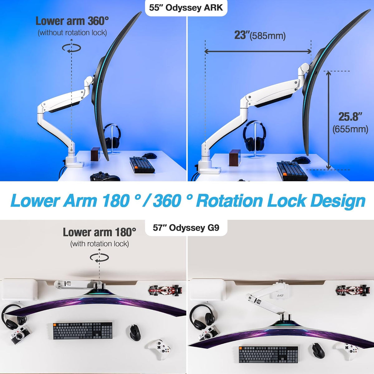 AVLT Single 17"-57" Super Ultrawide Monitor Arm for Screens Up to 59.5 lbs, Premium Aluminum Desk Stand, Adjustable Pneumatic Height, Full Motion Swivel Tilt Rotation, USB-C & USB-A Ports, White