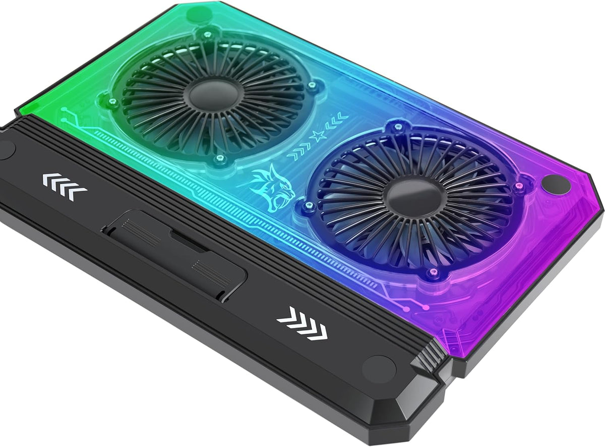 Gaming Crystal Shell Laptop Cooling Pad with Phone Holder, Dual High-Speed Fans, 8-Level Adjustable Height, RGB Lighting, Anti-Slip Base, USB-A & USB-C Ports – Black (for 10-17” Laptops)