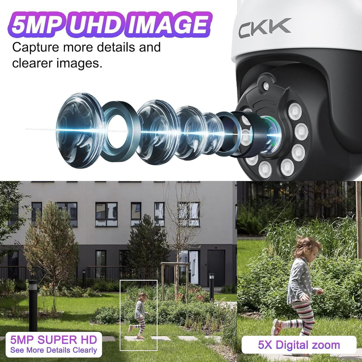 CKK Wireless Security Camera System: 4 Outdoor 5MP PTZ Cameras with 5G/2.4G WiFi,10 CH NVR, 4K Color Night Vision, 2-Way Audio- AI Human Detection,24/7 Surveillance for Total Home Protection (No HDD)