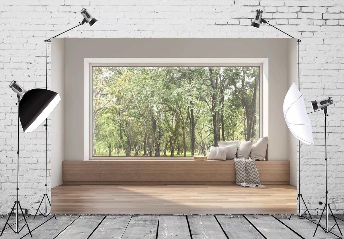 BELECO 9x6ft Fabric Modern Living Room Backdrop House Interior Window Scenery Green Forest Trees Nature Background