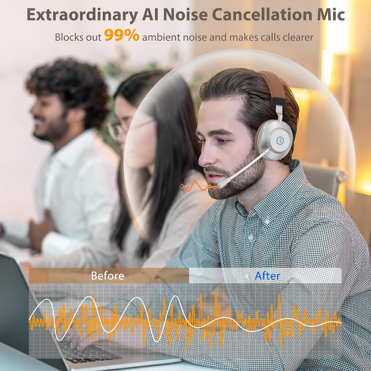 Earbay Wireless Headset with Mic for Work, Bluetooth Headset with Noise Cancelling Mic, V5.3 Lightweight Wireless Headphones with USB Dongle, Charging Base & Mic Mute for PC/Laptop/Phones/Call Center