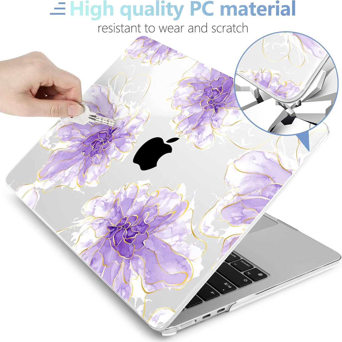 MEEgoodo Case for MacBook Air M4/M3/M2 13.6 inch 2025 2024 2022, Fit Model A3240 A3113 A2681, Compatible with MacBook Air 13 inch, Laptop Hard Shell Case with Keyboard Cover, Purple Ink Flower