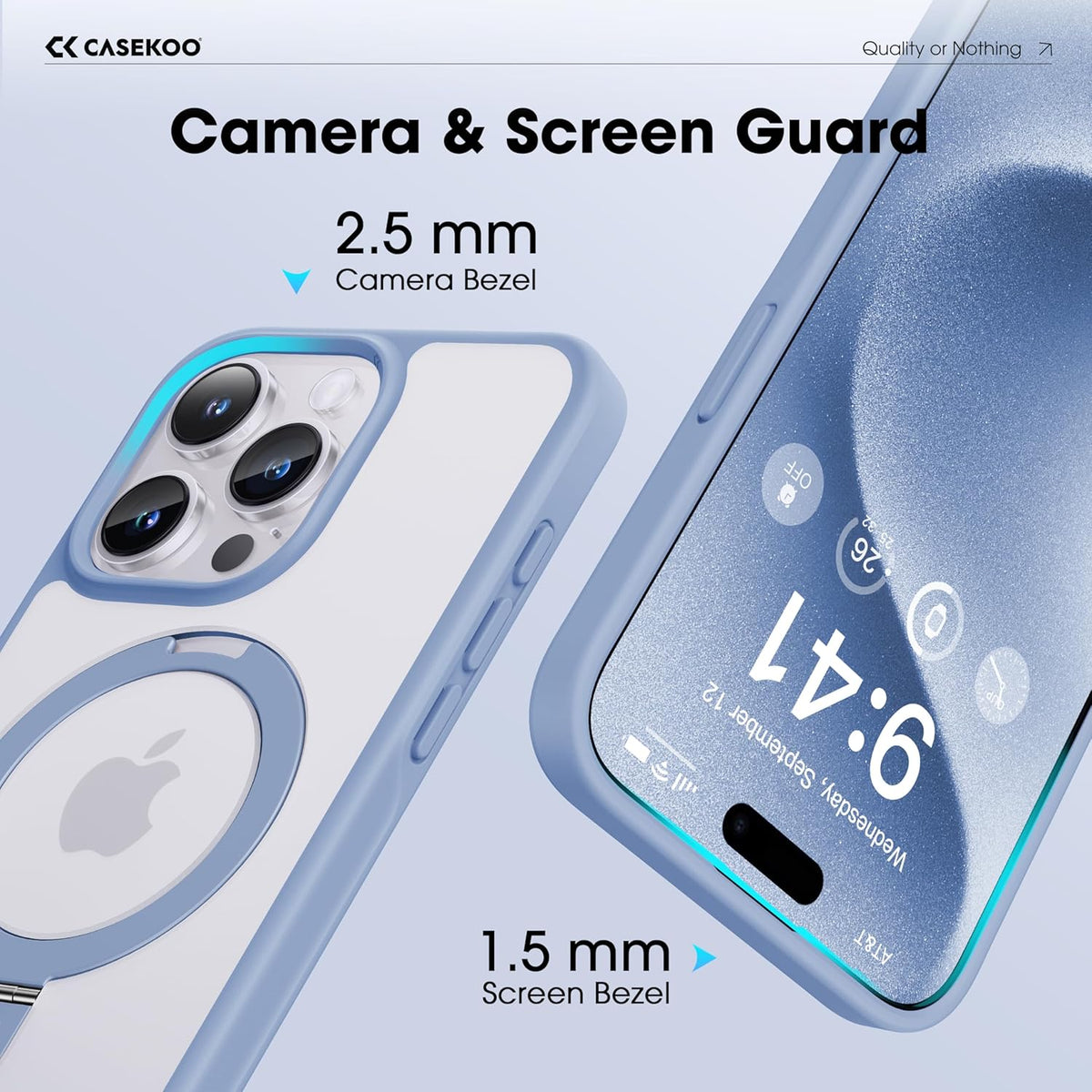CASEKOO Designed for iPhone 15 Pro Case with Magnetic Invisible Stand [Military Drop Protection] [Compatible with MagSafe] Shockproof Slim Translucent Matte Pro Case 6.1 Inch, Light Blue