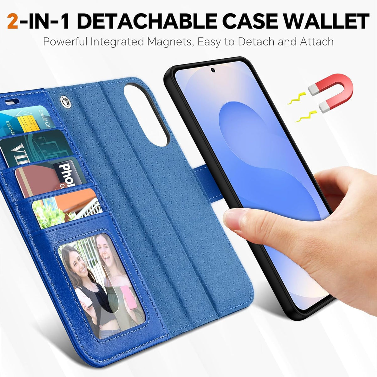 TUCCH Case Wallet for Galaxy S25 Edge, Removable [2 in 1] [Wireless Charging] Wrist Strap PU Leather Magnetic Stand RFID Blocking [4 Card Slots] Detachable Folio for Galaxy S25 Edge 6.7", Klein Blue