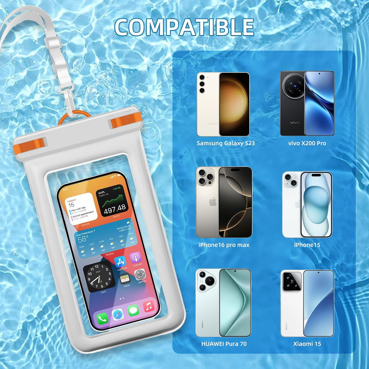 IPX8 Floating Waterproof Phone Case 2-Pack,7.2 Inch Waterproof Phone Pouch for iPhone 16/15/14 Pro Max Galaxy S24/S23 Adjustable Lanyard + Wrist Strap Beach Swimming Travel Essentials