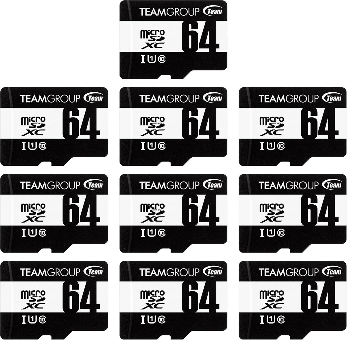 TEAMGROUP Micro 64GB x 10 Pack UHS-I U1 Class 10 SDHC SDXC Read Speed up to 100MB/s High Speed Flash Meomry Card with Adapter for Camera, Surveillance, Full HD Shooting TUSDX64GCL10U66