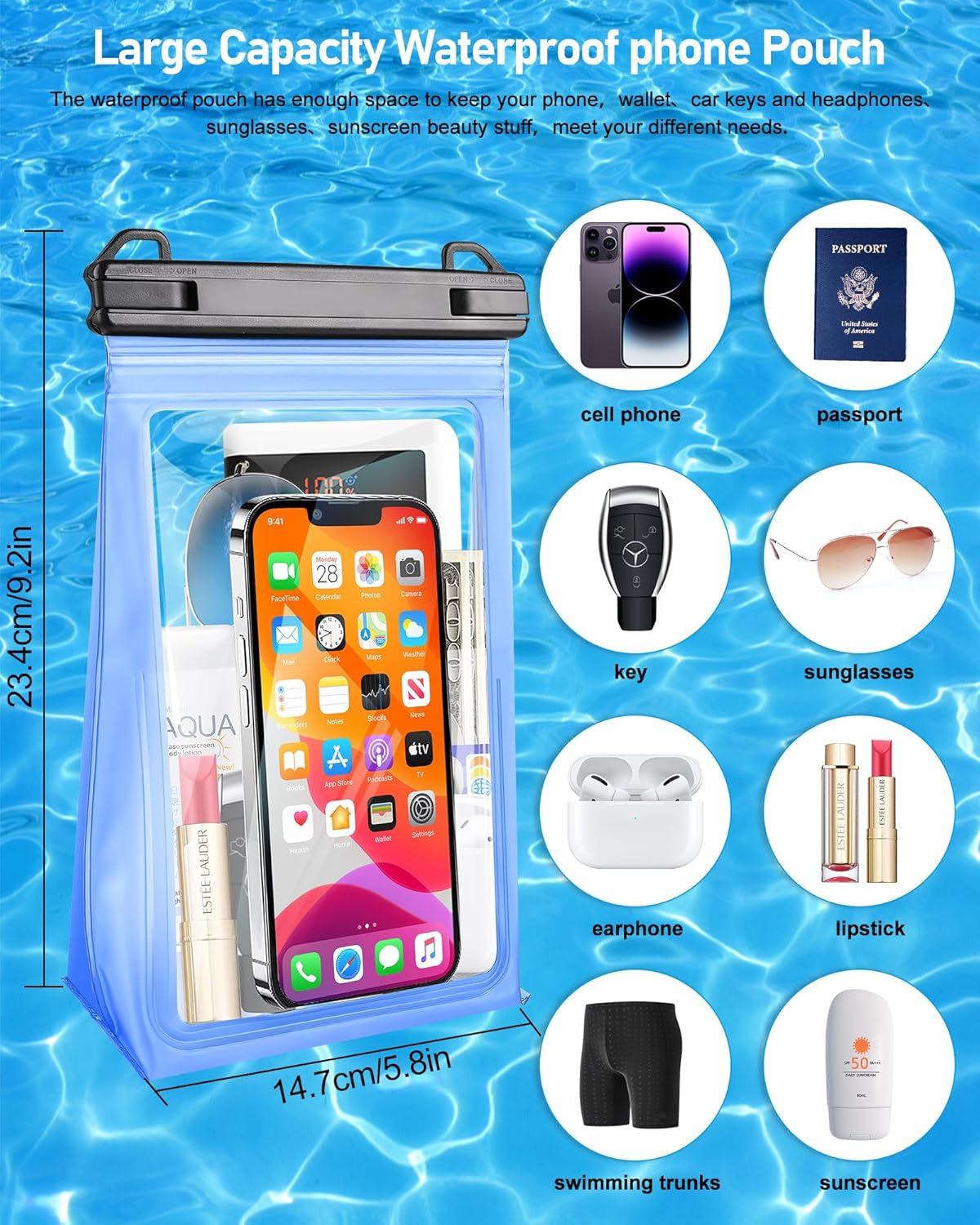 Large Waterproof Phone Pouch, Floating Dry Bag for iPhone 15 14 13 12 11 Pro Max Galaxy S22 S21 Waterproof Bag Sunscreen Glasses Storage Universal Dry Pouch for Swimming Rafting Boating