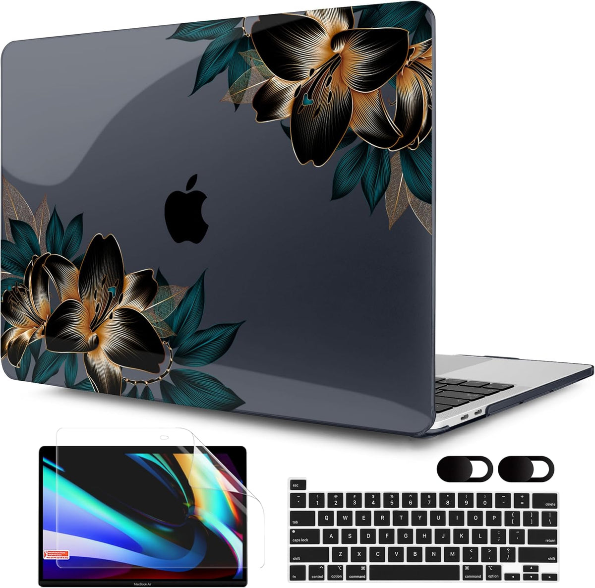 MEEgoodo Case for MacBook Pro 13 inch, Laptop Hard Shell with Keyboard & Camera Cover, Golden Lilies