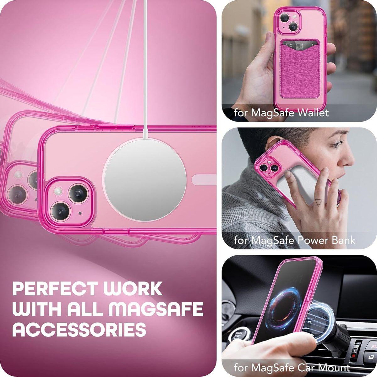 Magnetic for iPhone 15 Case, Compatible with MagSafe, Built-in Privacy Screen Protector and Camera Protection, Anti Spy Full Body Dustproof Shockproof Hard Phone Case 6.1", Fluorescent Pink