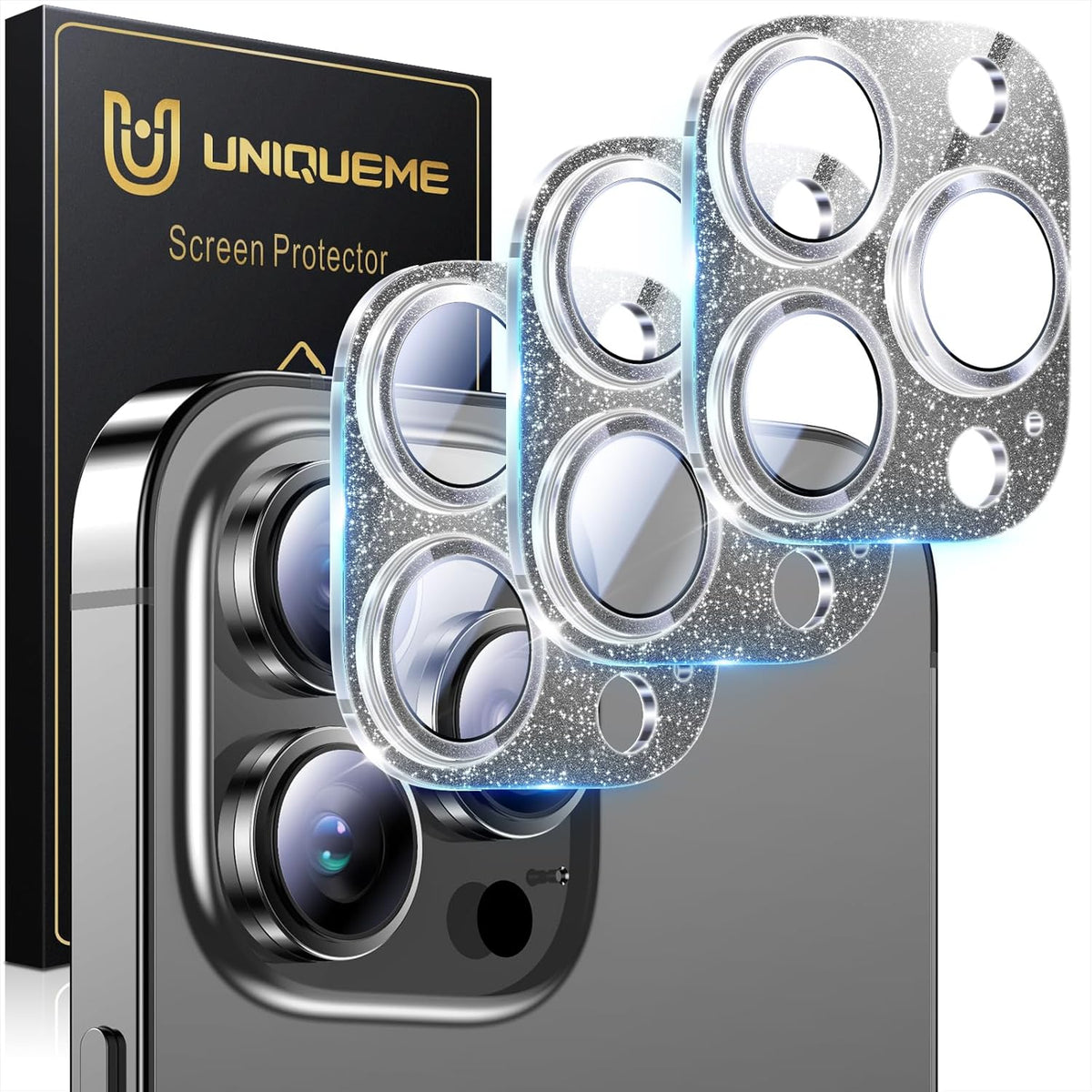 UniqueMe 3 Packs Compatible for iPhone 14 Pro Max/iPhone 14 Pro Camera Lens Protector Acrylic [Not Glass],[Case Friendly][Scratch-Resistant][Night Shooting Mode]-Glitter Black