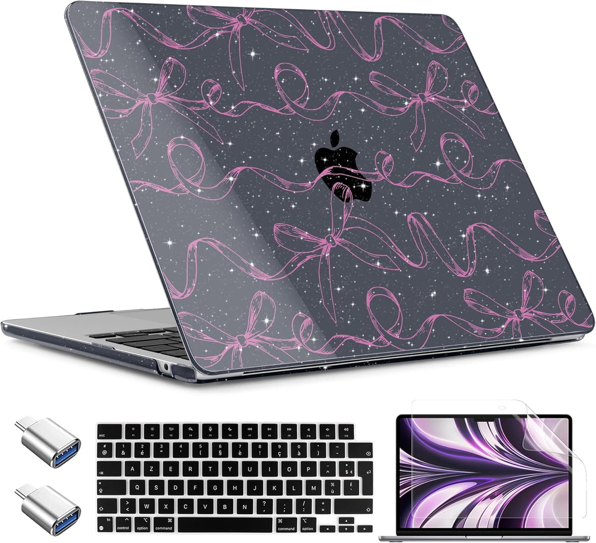 TWOLSKOO Compatible with M4 MacBook Air 15 inch Case 2025-2023 Released Model M4 A3241 M3 A3114 M2 A2941, Plastic Hard Shell & Screen Protector & Keyboard Cover & Type C Adapter, Sparkly Bows