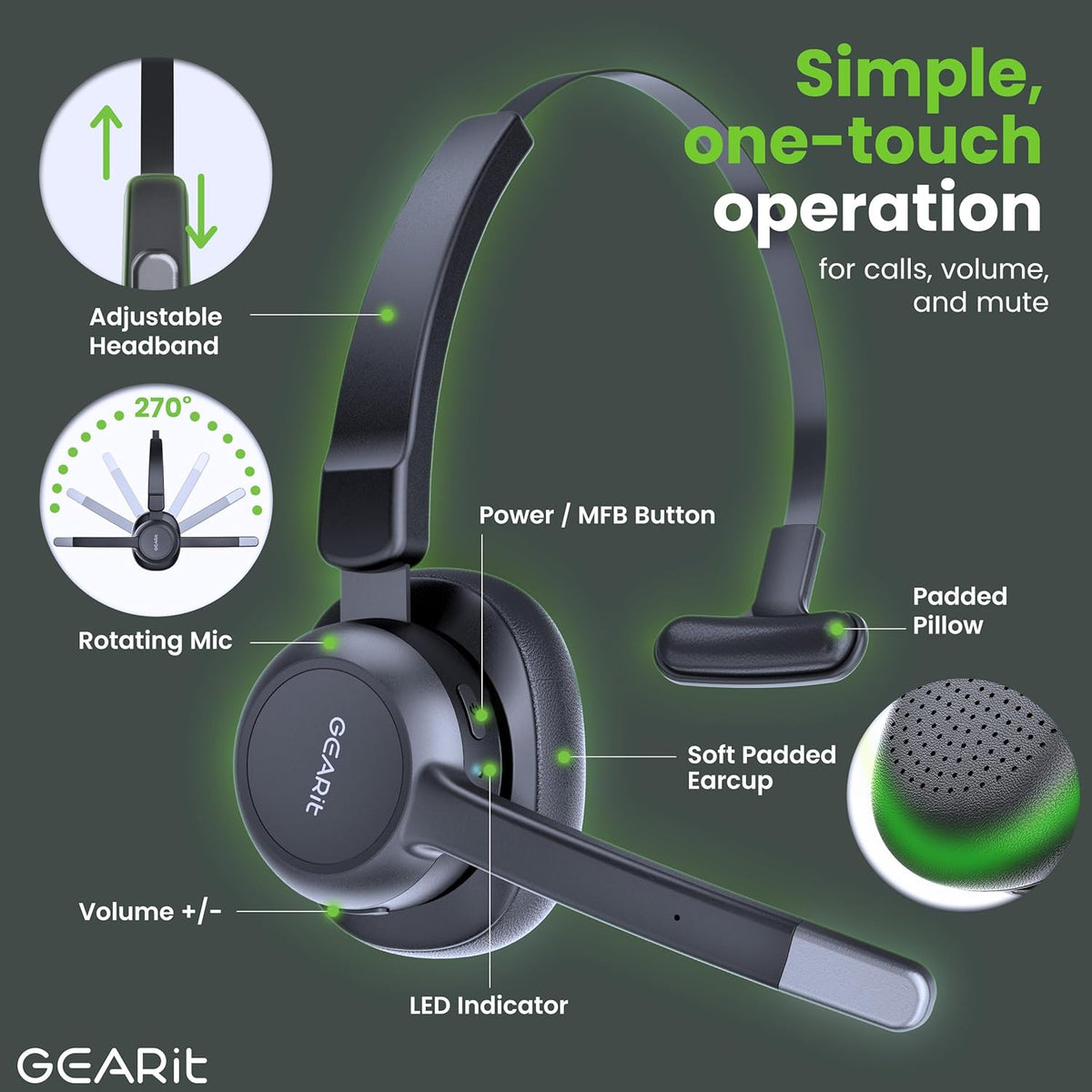 GEARit Wireless Bluetooth Headset with Mic - Multipoint Dual Connect, Noise Cancelling Trucker Headset for Phone Calls - All-Day Talk Time - Headphone with Microphone & Mute Button for Office Work