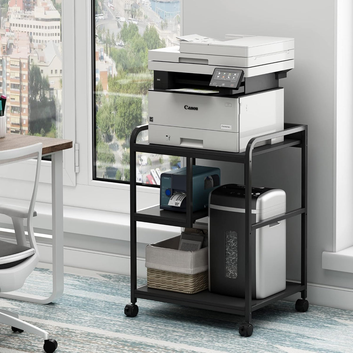 Printer Stand with Storage Shelf for Home Office Organization, 22 x 18 Inch Large Printer Table with Wheels, Shredder Stand, CPU Stand, Rolling Cart for Host Computer, PC Tower, Desktop- Black