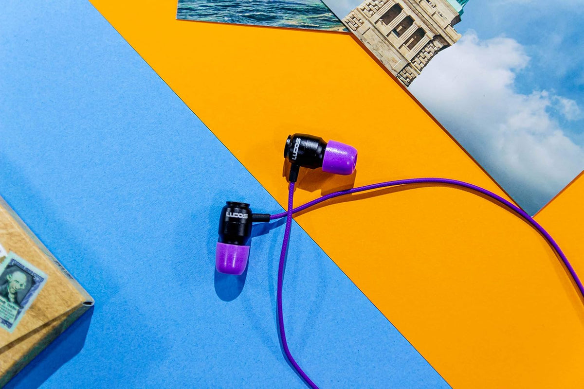LUDOS Clamor Wired Earbuds in-Ear Headphones, 5 Years Warranty, Earphones with Microphone, Noise Isolating Ear Buds, Memory Foam for iPhone, Samsung, School Students, Kids, Women, Small Ears - Purple