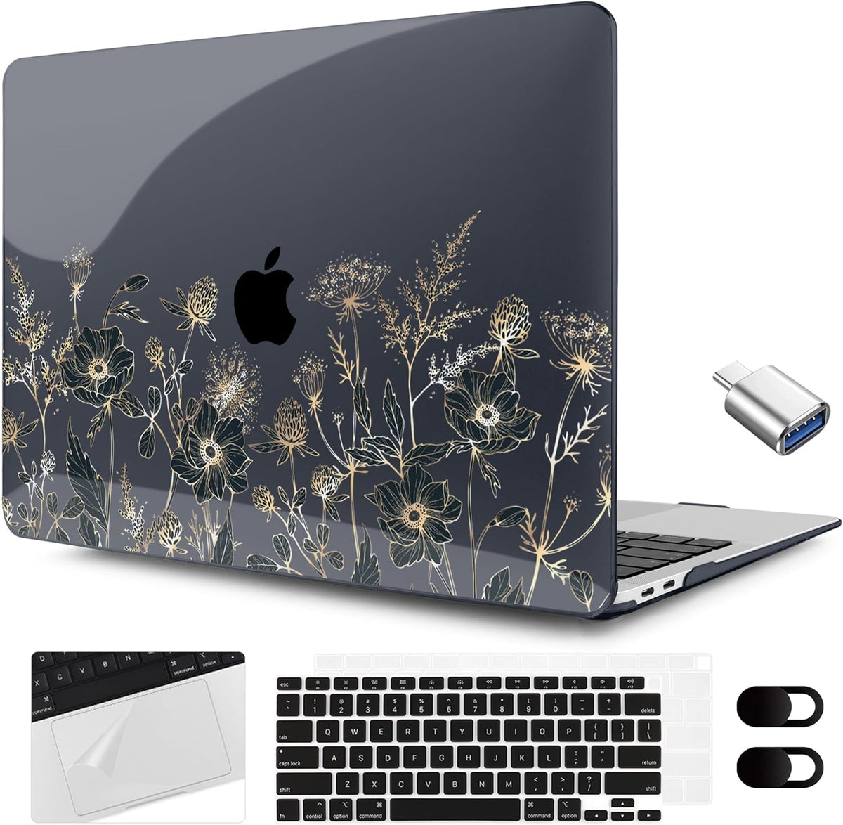 MEEgoodo for MacBook Air 13.3 inch Case 2021 2020 2019 2018 A2337 M1 A2179 A1932, Case for MacBook Air M1, Hard Shell with Keyboard Webcam Cover & Trackpad Film & Type C Adapter,Golden Flowers & Herbs