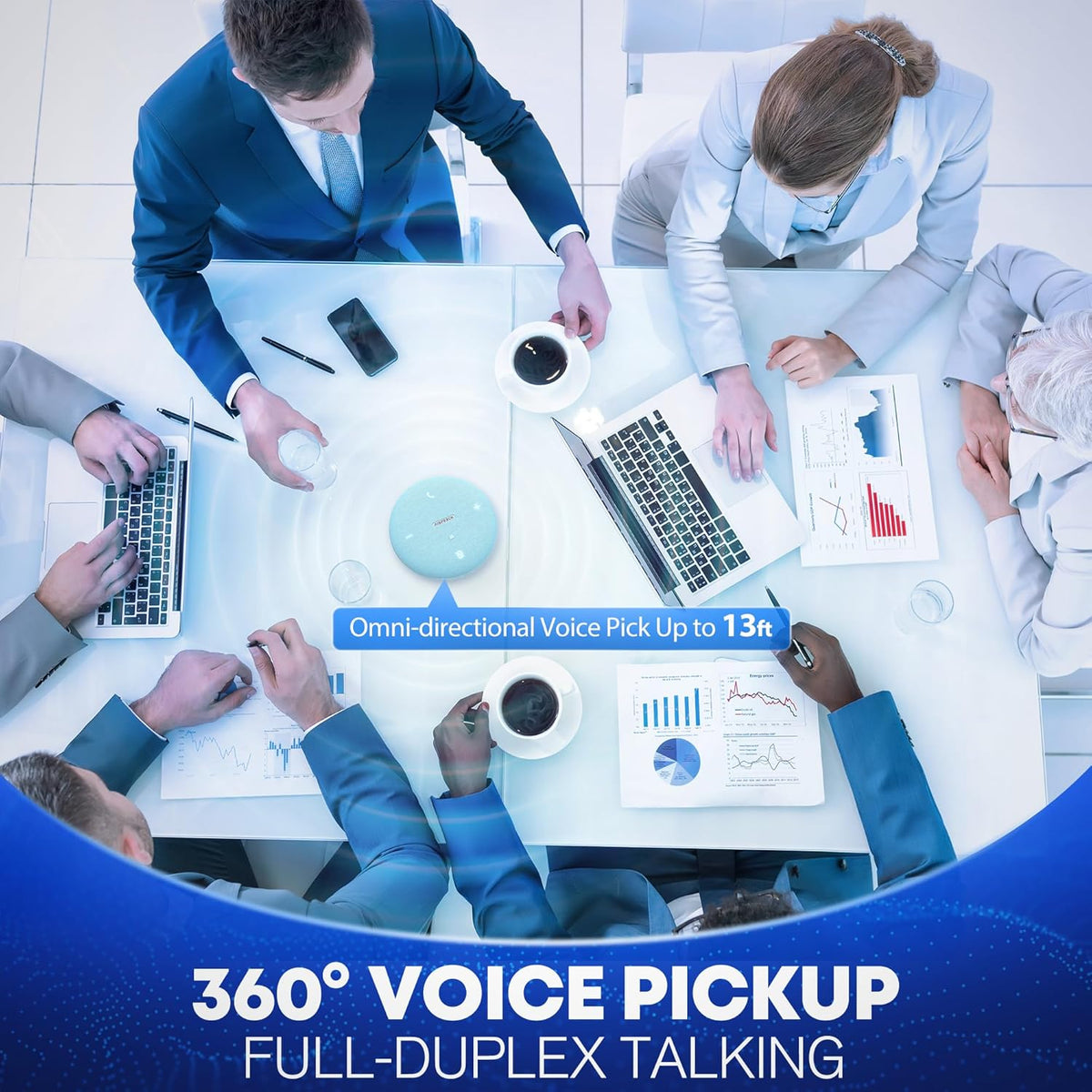 Bluetooth Conference Speakerphone M4 with AI Noise Reduction, AI Summaries, AI Transcription with 60-Language Support, 13FT 360° Voice Pickup,10-Hour Battery Life for Zoom and Teams, Blue