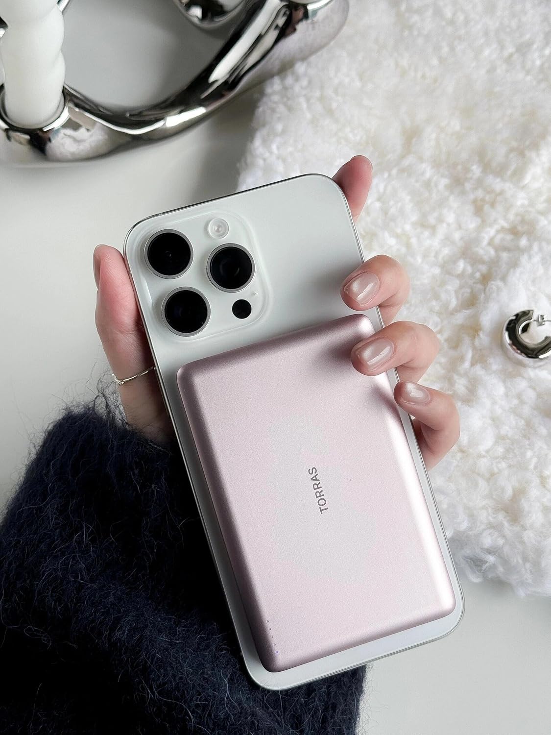 TORRAS MiniMag Power Bank, Ultra Slim 5,000mAh Wireless Portable Charger with USB-C Cable, Fast Charging Magnetic Battery Pack, Magsafe-Compatible for iPhone 16/15/14/13/12, Azalea Pink
