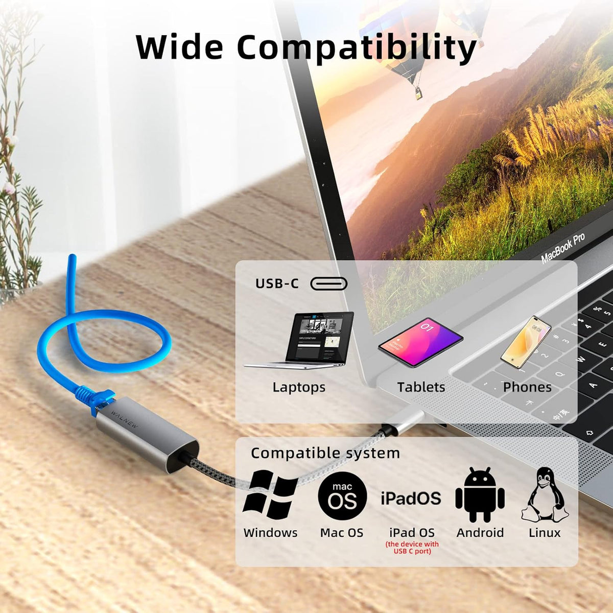 USB-C to Ethernet Adapter, WALNEW USBC to RJ45 LAN Adapter, Gigabit Cat Network Cable Converter to Type C Thunderbolt 3 for Mac,MacBook Pro/Air,Samsung Galaxy Tab (Ethernet Port, 2-Pack USB-C)
