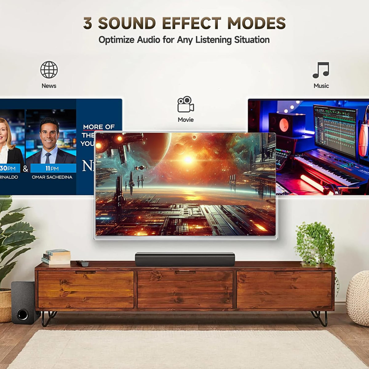 Sound Bar Speakers Bluetooth Wireless, TV Speakers Sound Bar Subwoofer, Home Theater Surround Sound Bar HDMI(ARC) Optical AUX USB 2.1ch Home Audio Sound System TV PC Wall Mount, Ebblack