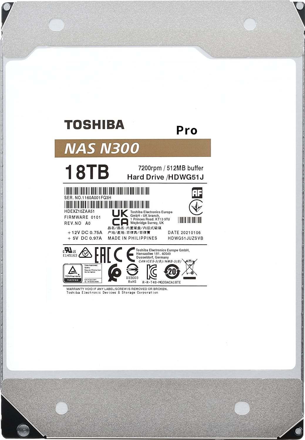 Toshiba N300 PRO 18TB Large-Sized Business NAS (up to 24 bays) 3.5-Inch Internal Hard Drive - Up to 300 TB/year Workload Rate CMR SATA 6 GB/s 7200 RPM 512 MB Cache - HDWG51JXZSTB