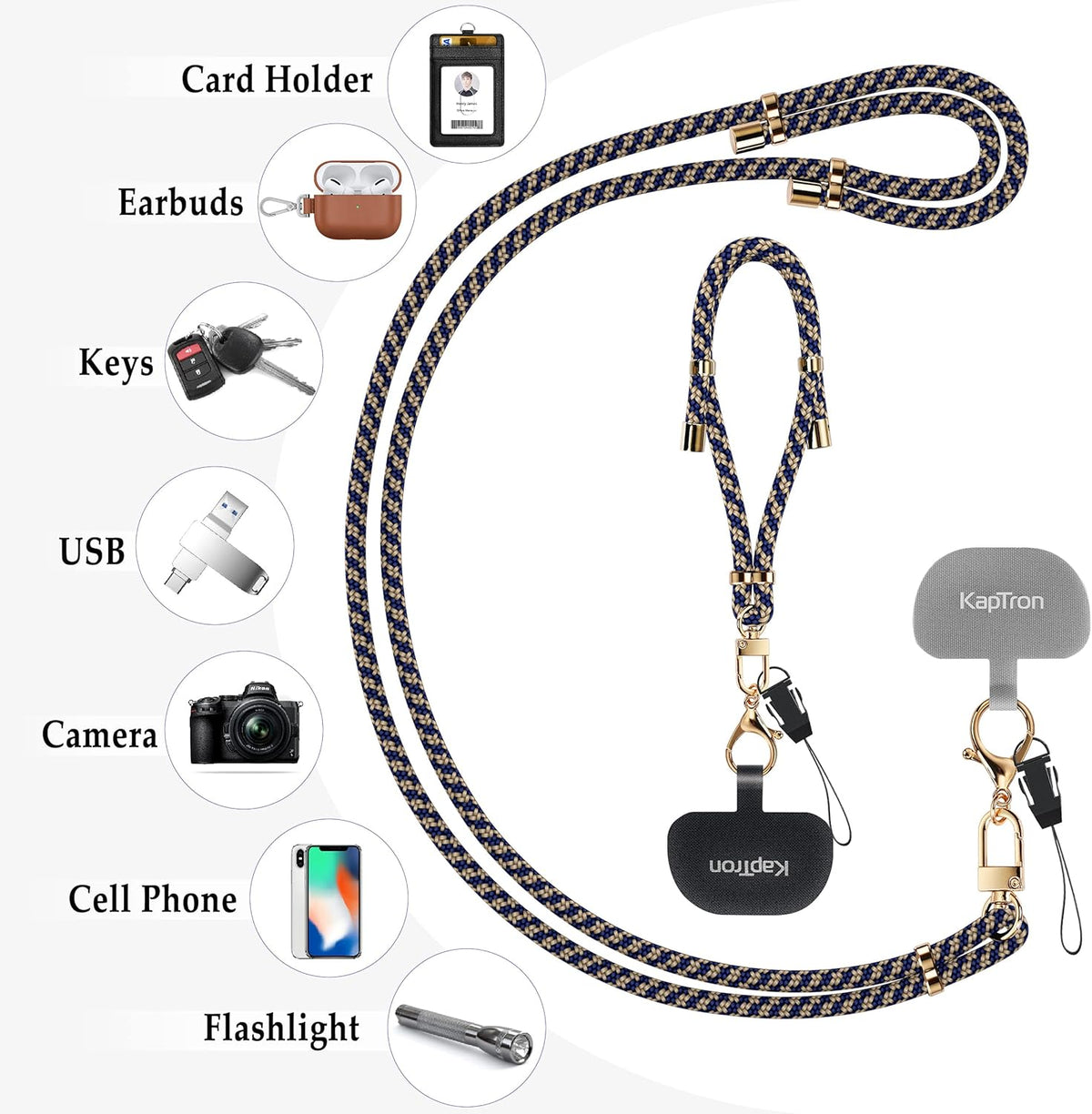Universal Phone Lanyard with Wrist Strap, Adjustable Crossbody Cell Phone Lanyard Neck Strap and Wristlet Strap with 2 Lobster Clips, Phone Tether Patches and Phone Straps (Beige/Navy Blue, 2 Pack)