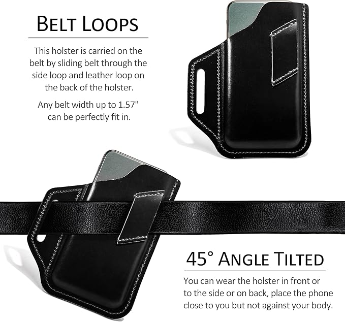 TobbinGear Leather Belt Phone Pouch, Left Handed Leather Cell Phone Holster, Universal Phone Case with Belt Loops, for Men and Women Black Large
