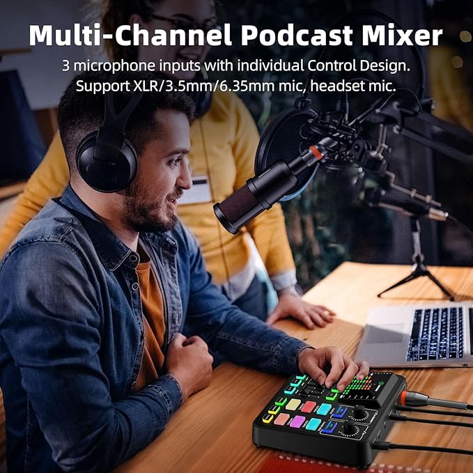 PUPGSIS Gaming Audio Mixer, Audio Interface for PC/Podcast/Streaming, Sound Board with 3.5mm/XLR Mic Input, 48V Phantom Power, Voice Changer, Live Sound Card with DJ Mixer Effects/Bluetooth/4 Channel